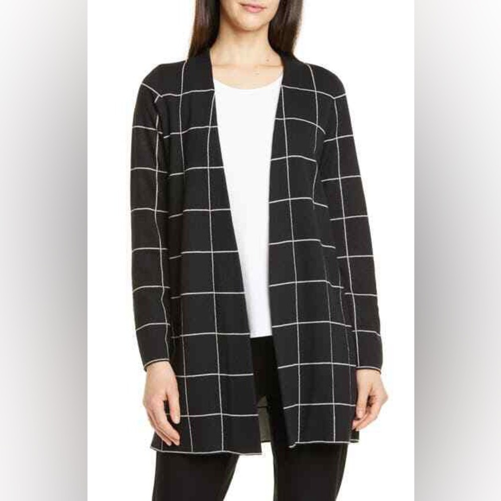 Eileen Fisher Black‎ Windowpane Wool Pure Long Cardigan black white large